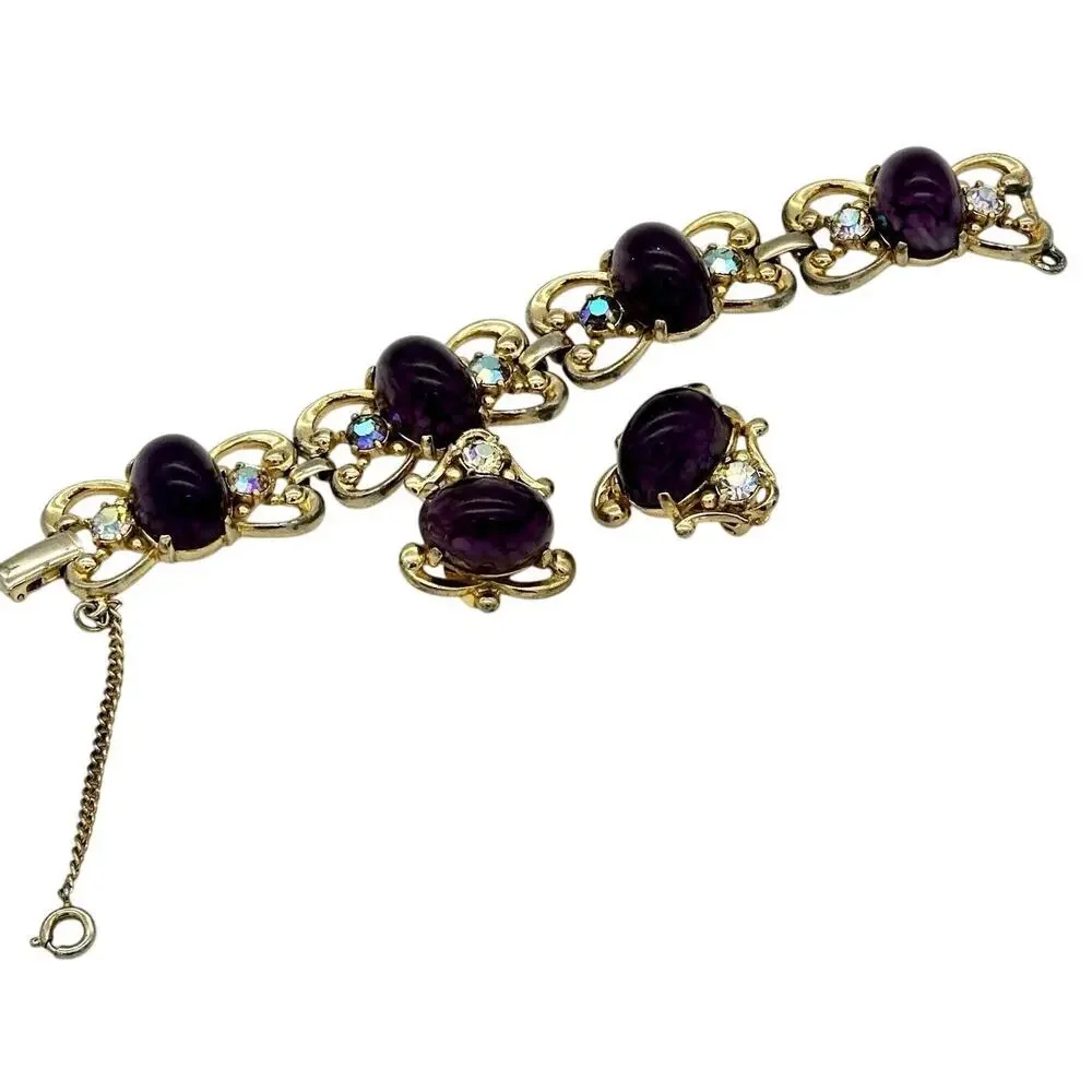 Schiaparelli Vintage Purple Cobachon Rare Bracelet and Earrings Set As Is - Picture 13 of 16